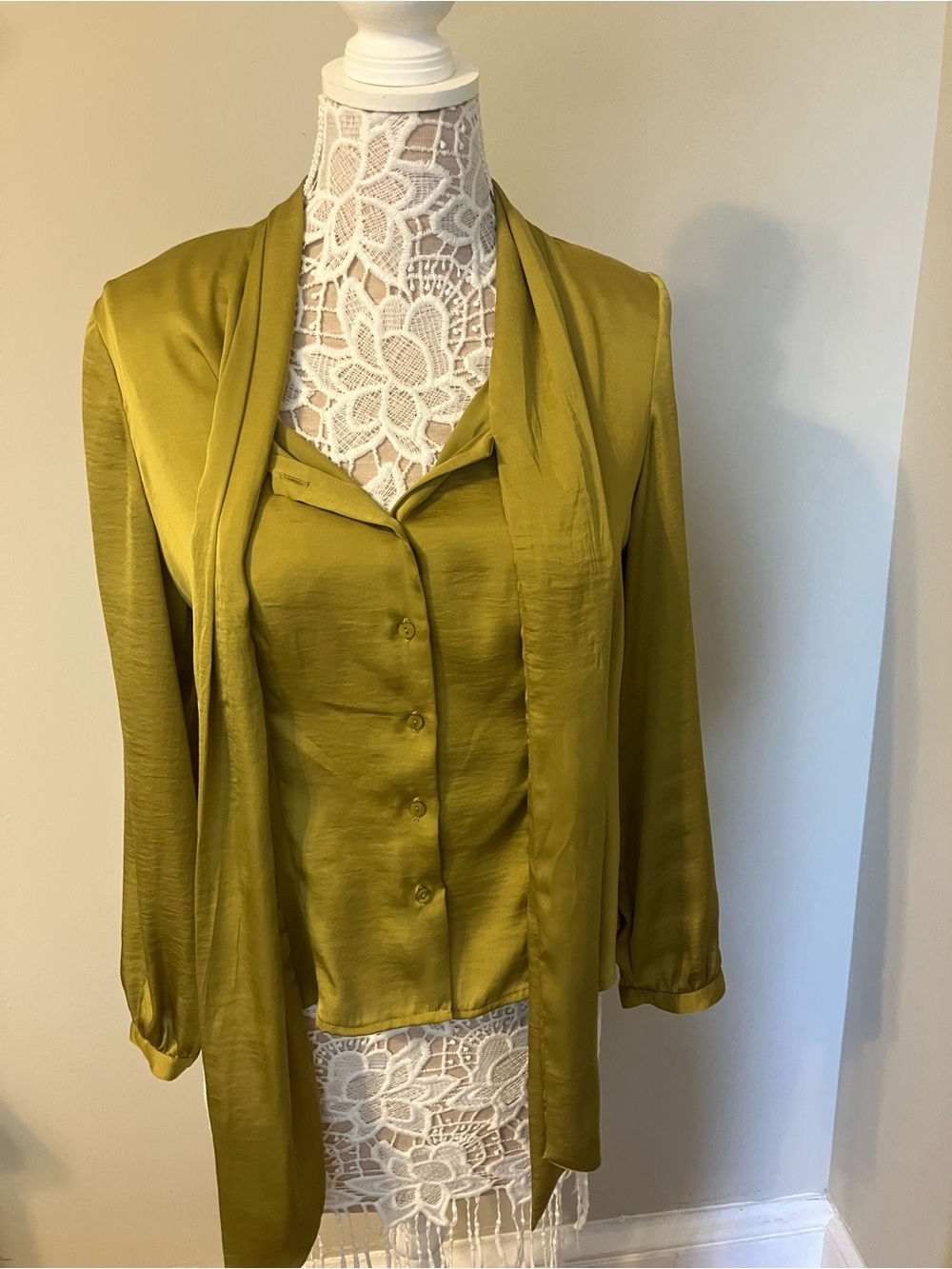 Rafaella Petite Chartreuse Satin Blouse with Neck Detail